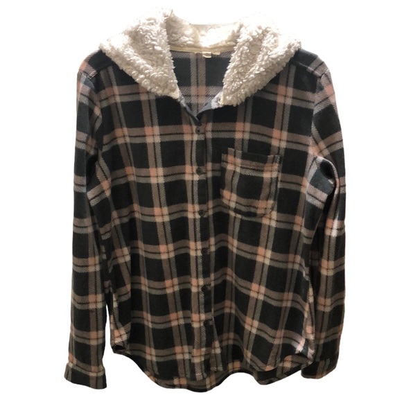 Ultra flirt super soft hooded plaid Shacket SZ L warm Sherpa Shirt jacket Pastel - Picture 1 of 8